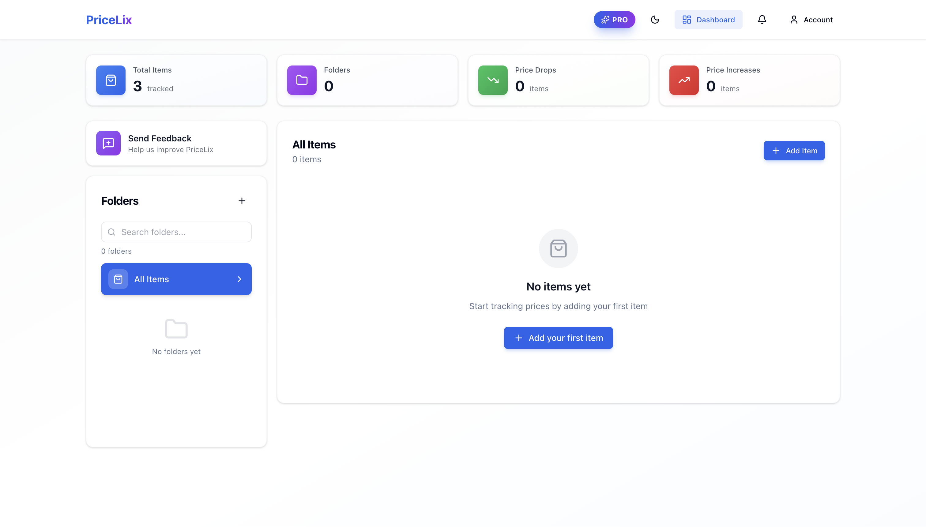 PriceLix dashboard showing price tracking interface with folders and statistics