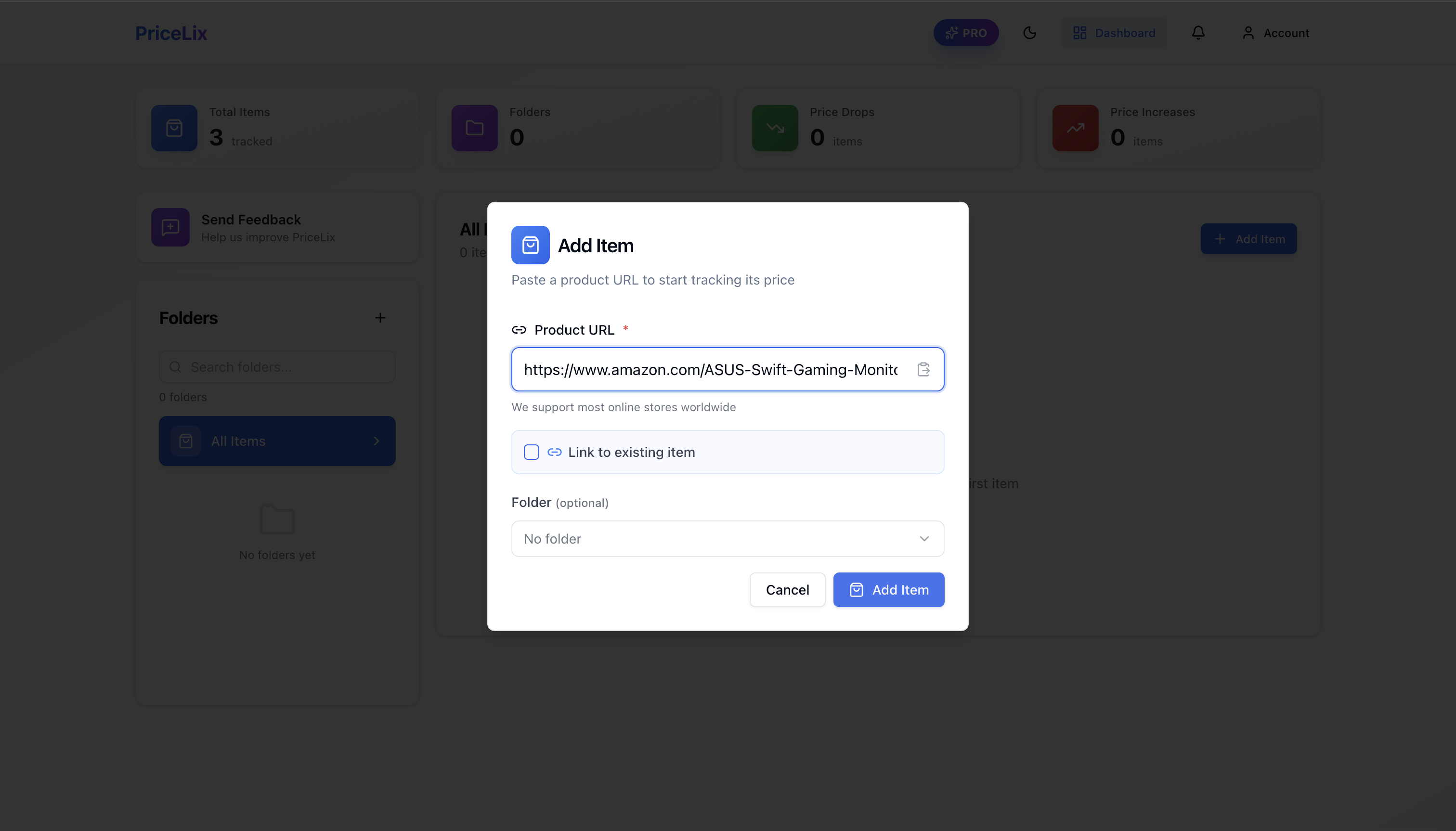 Adding Amazon product URL to PriceLix price tracker