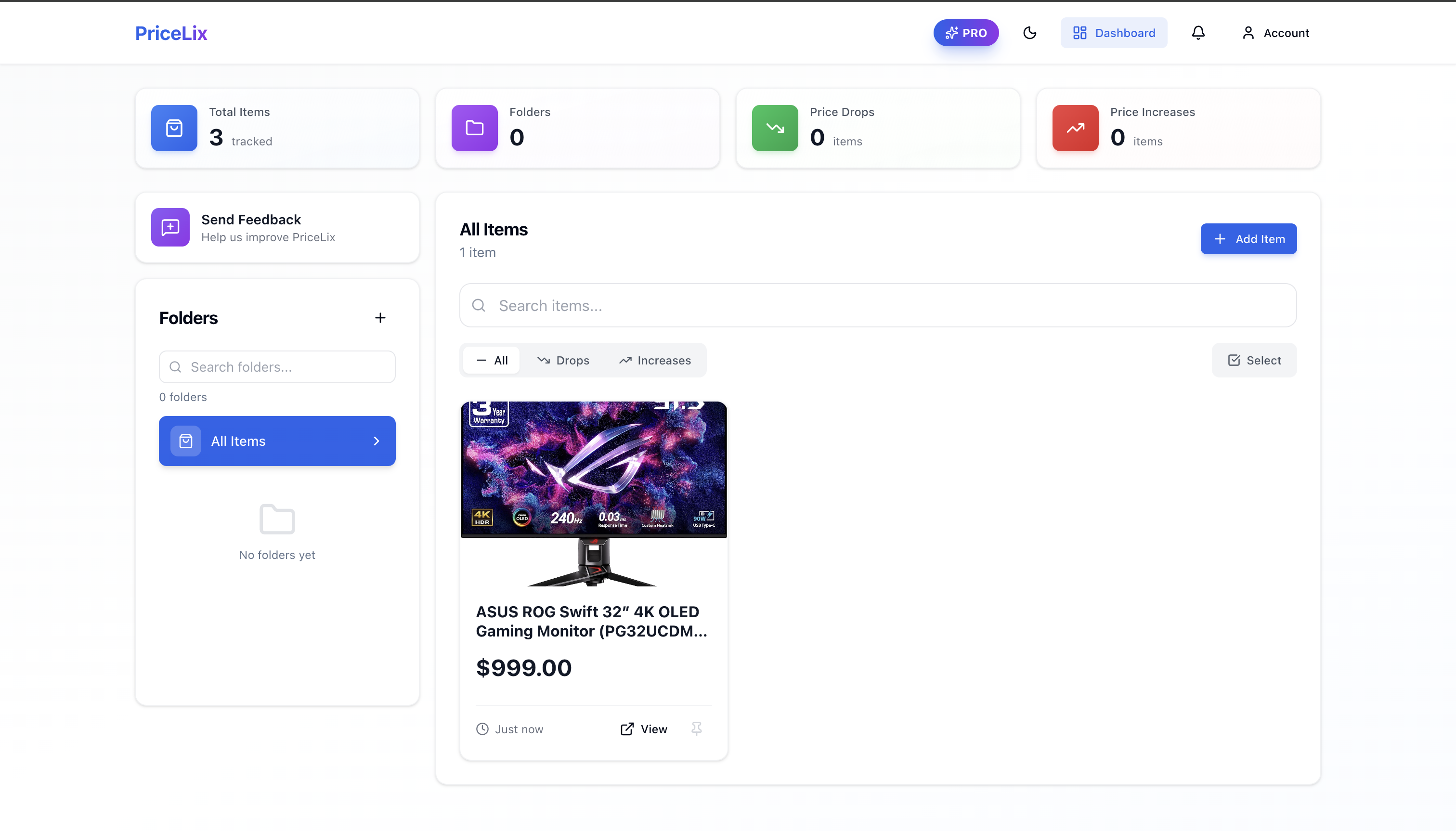 ASUS monitor now tracked in PriceLix showing $999 price