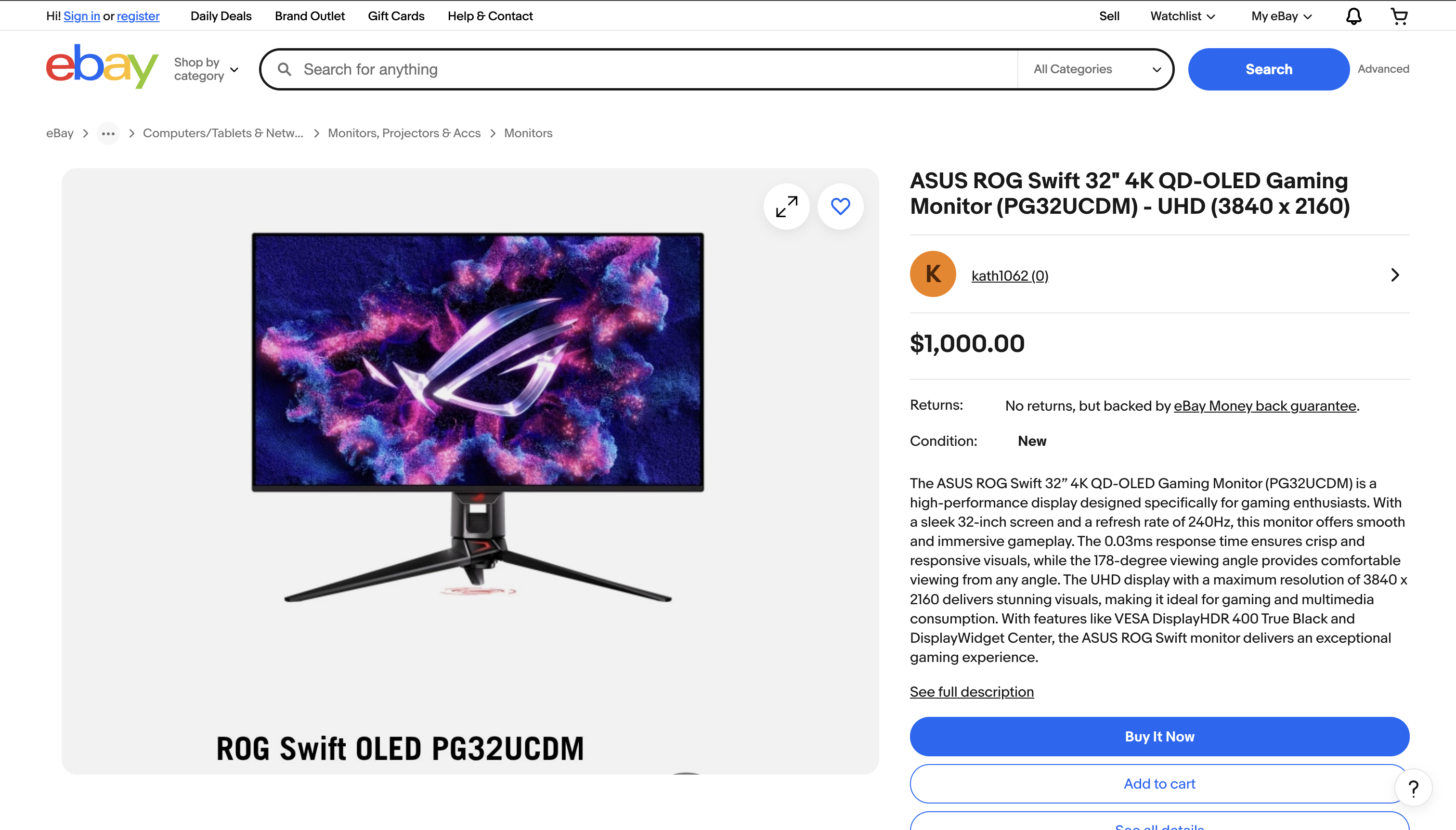 Same ASUS ROG Swift monitor on eBay listed at $1,000