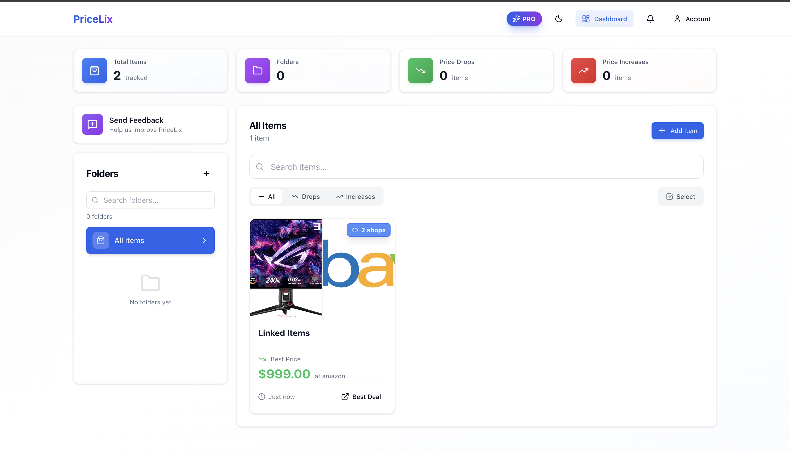 Linked items showing 2 shops badge with best price of $999 at Amazon